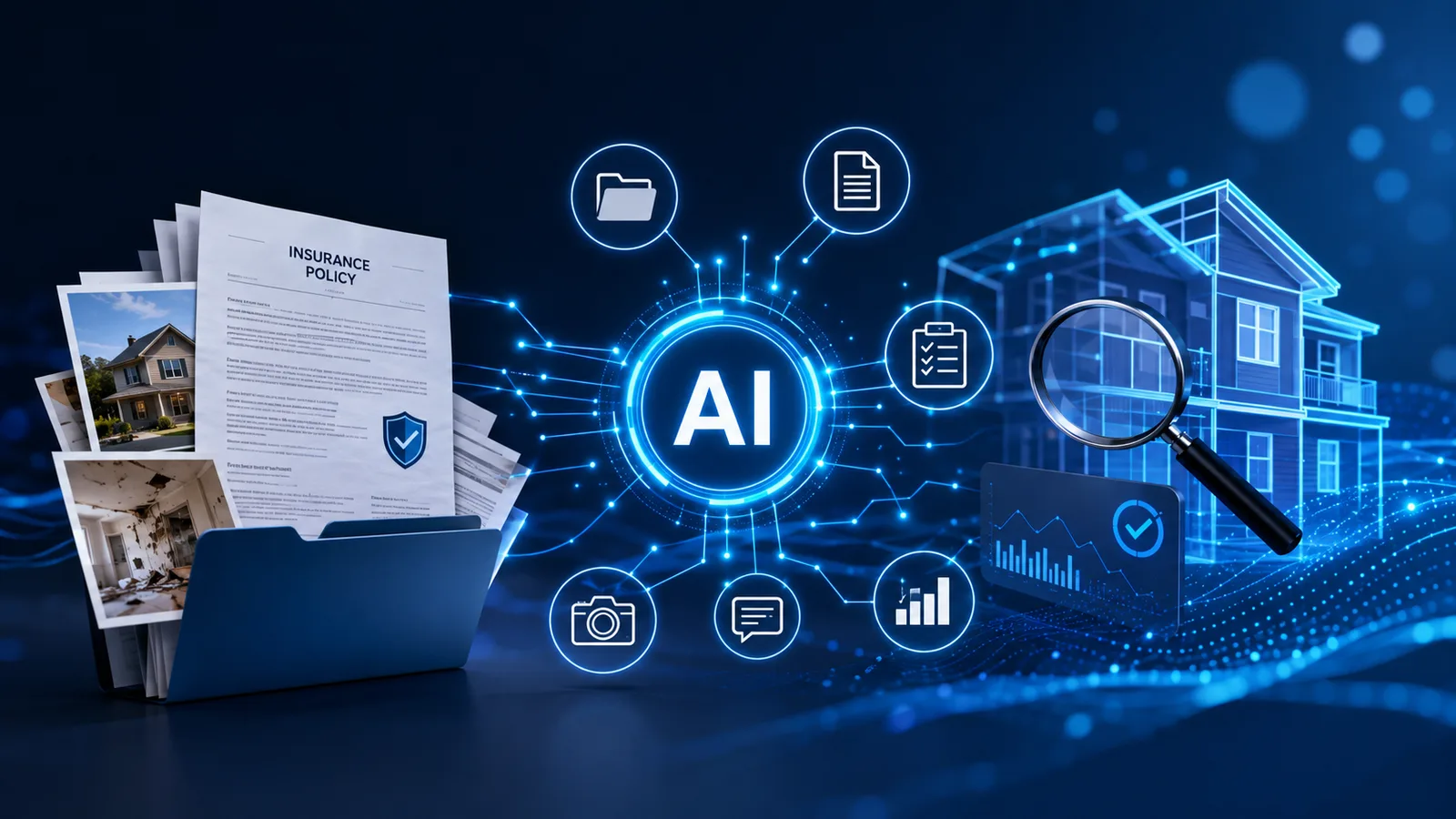 Digital illustration of AI connecting insurance policy documents, property-damage photos, inspection tasks, and home analysis.