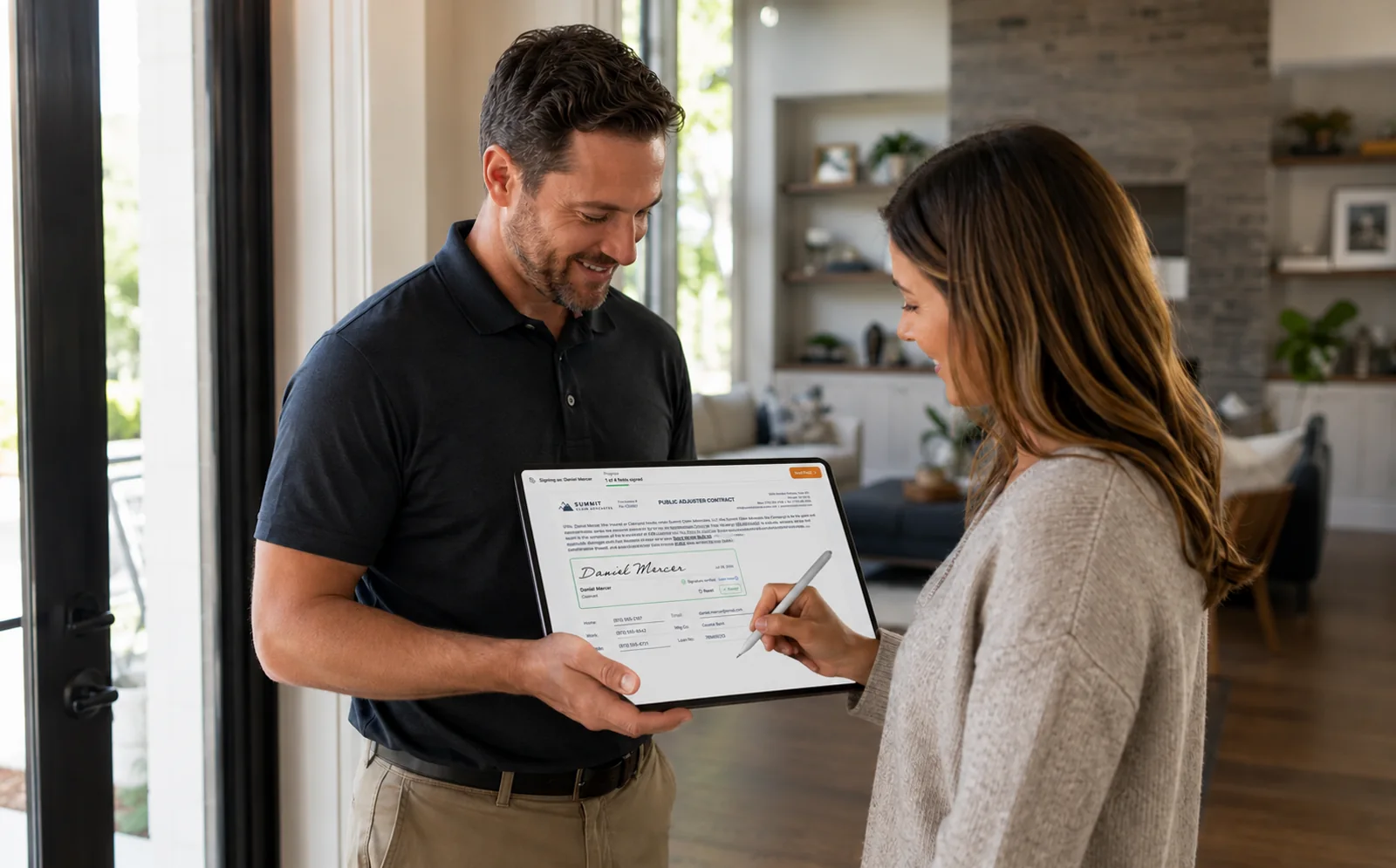 A public adjuster and homeowner reviewing documents on a tablet