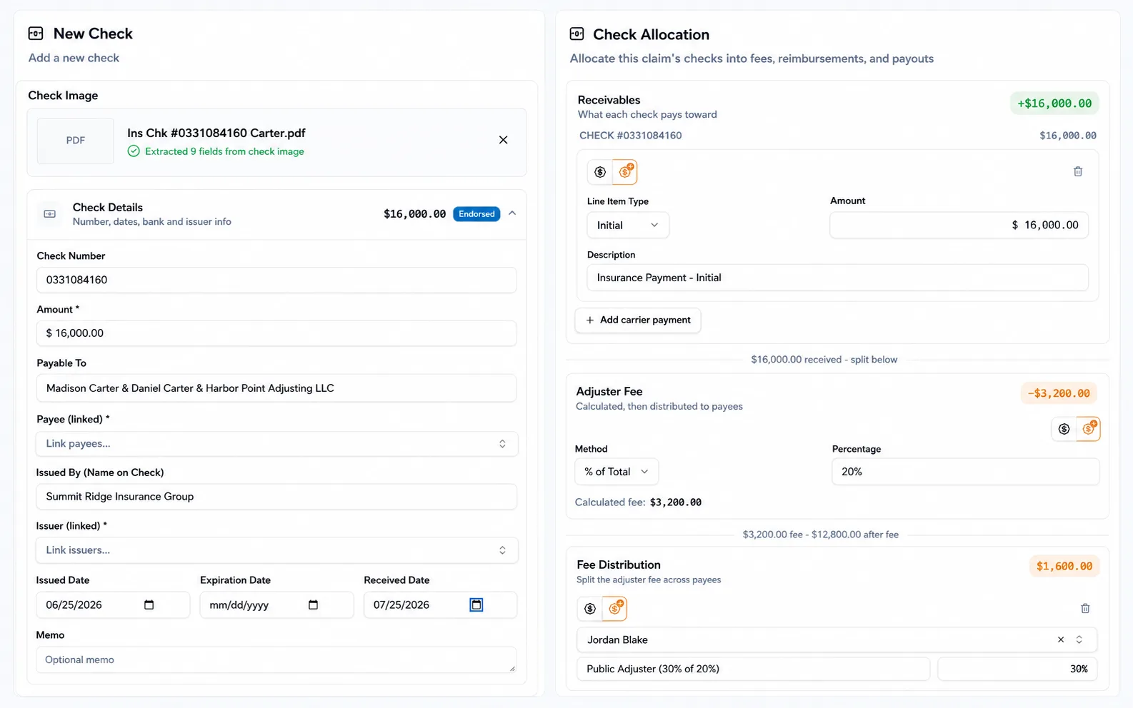 New check details beside an allocation showing receivables, an adjuster fee, and fee distribution