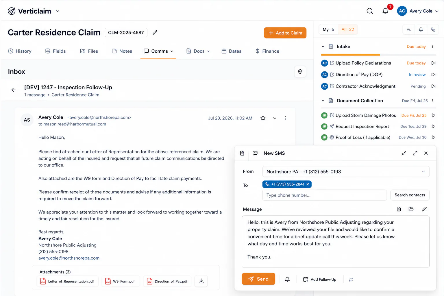 Claim inbox showing a carrier email, linked workflow tasks, and an SMS composer