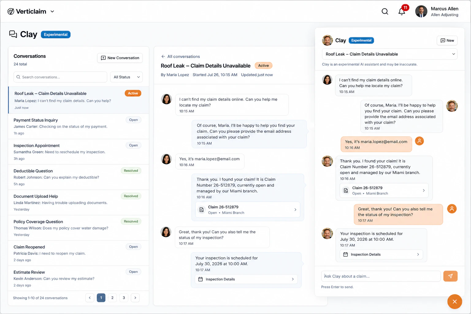 Clay chat showing a client receiving claim status and inspection information