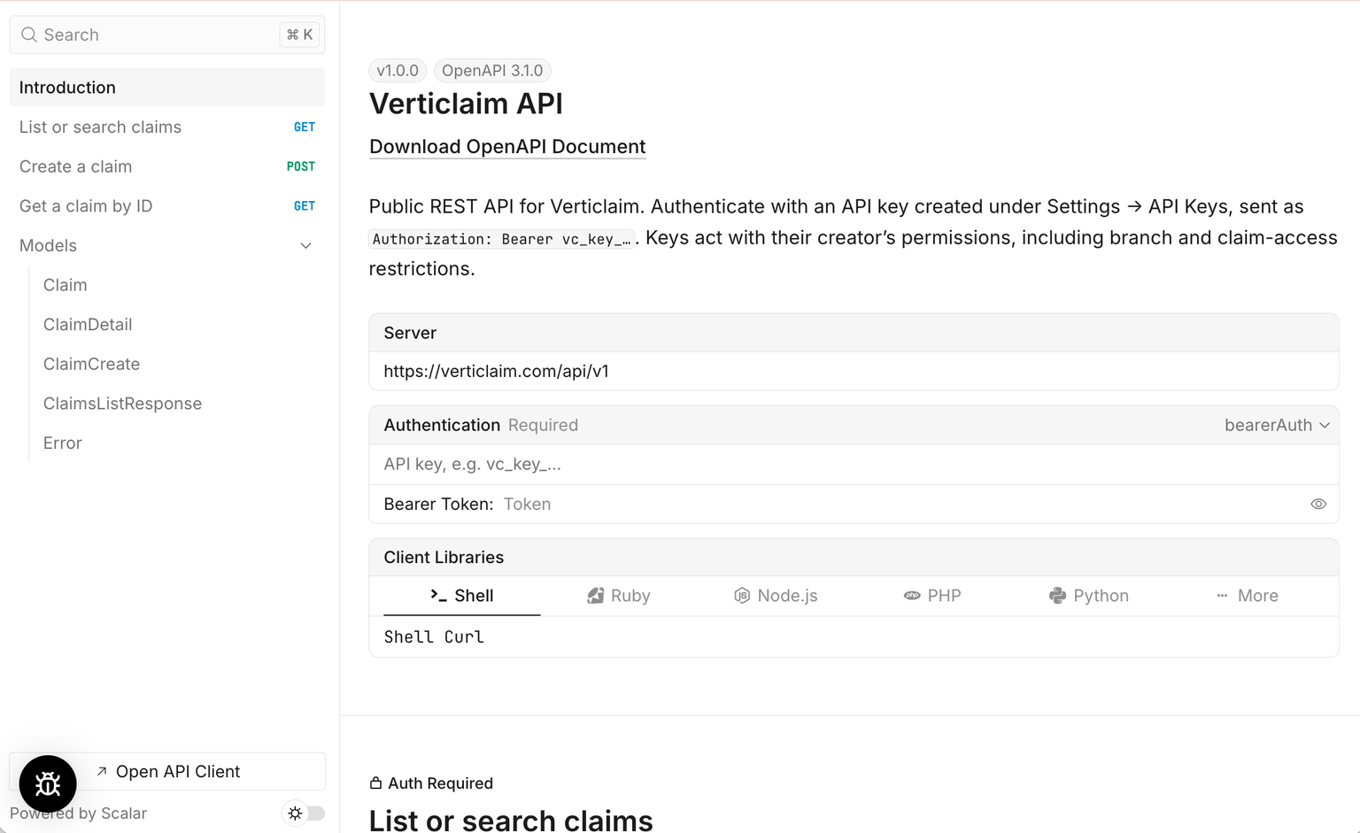 Verticlaim API documentation showing claim endpoints, authentication, and client libraries