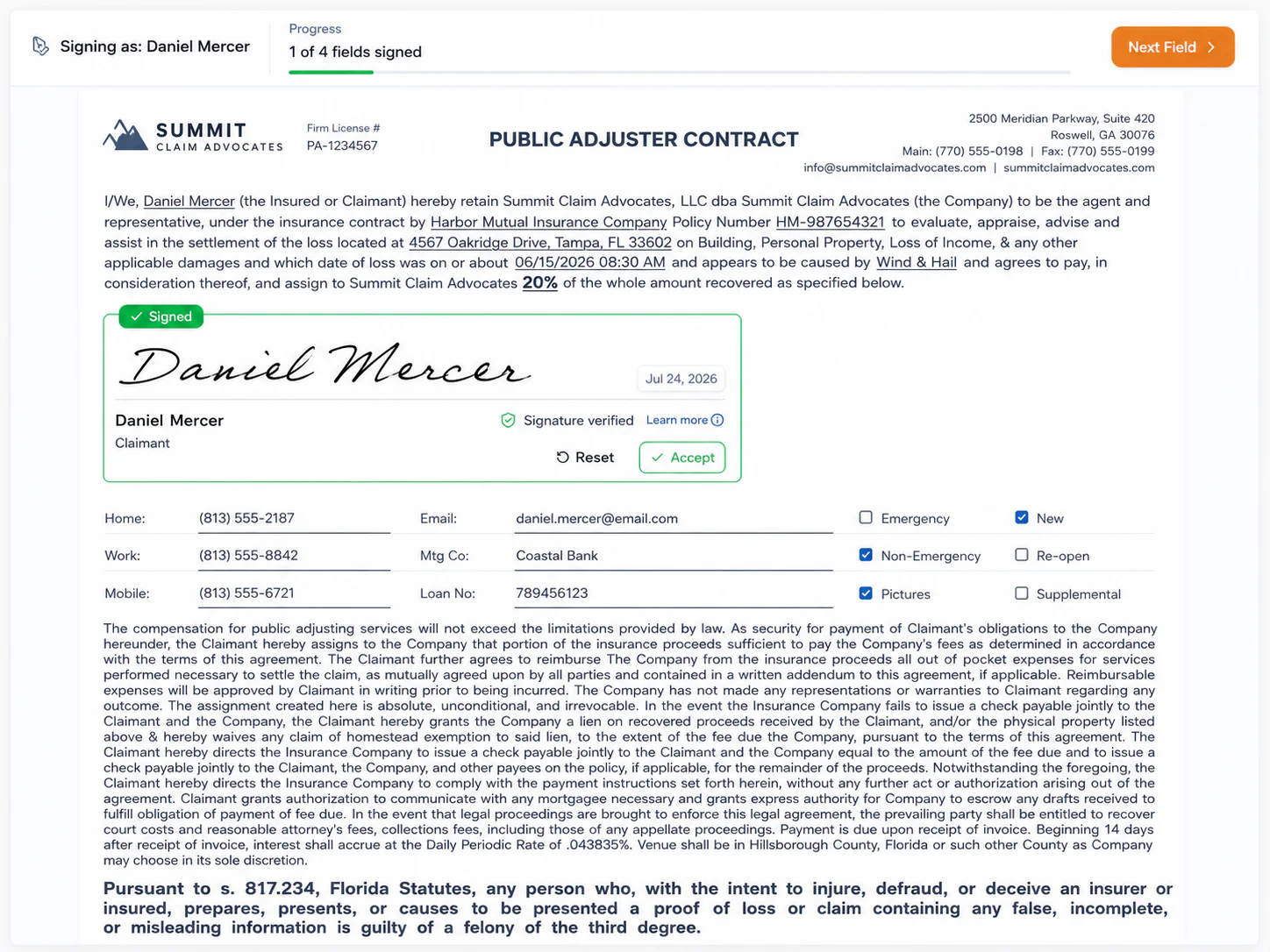E-signature page showing a signed public adjuster contract for Daniel Mercer