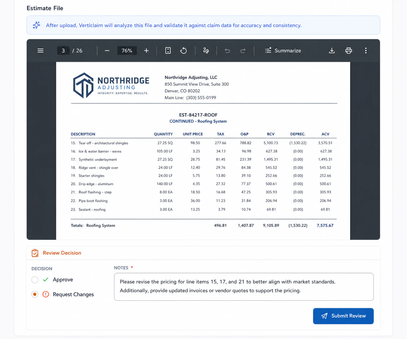 Estimate review showing the uploaded estimate, request changes decision, reviewer notes, and submit button