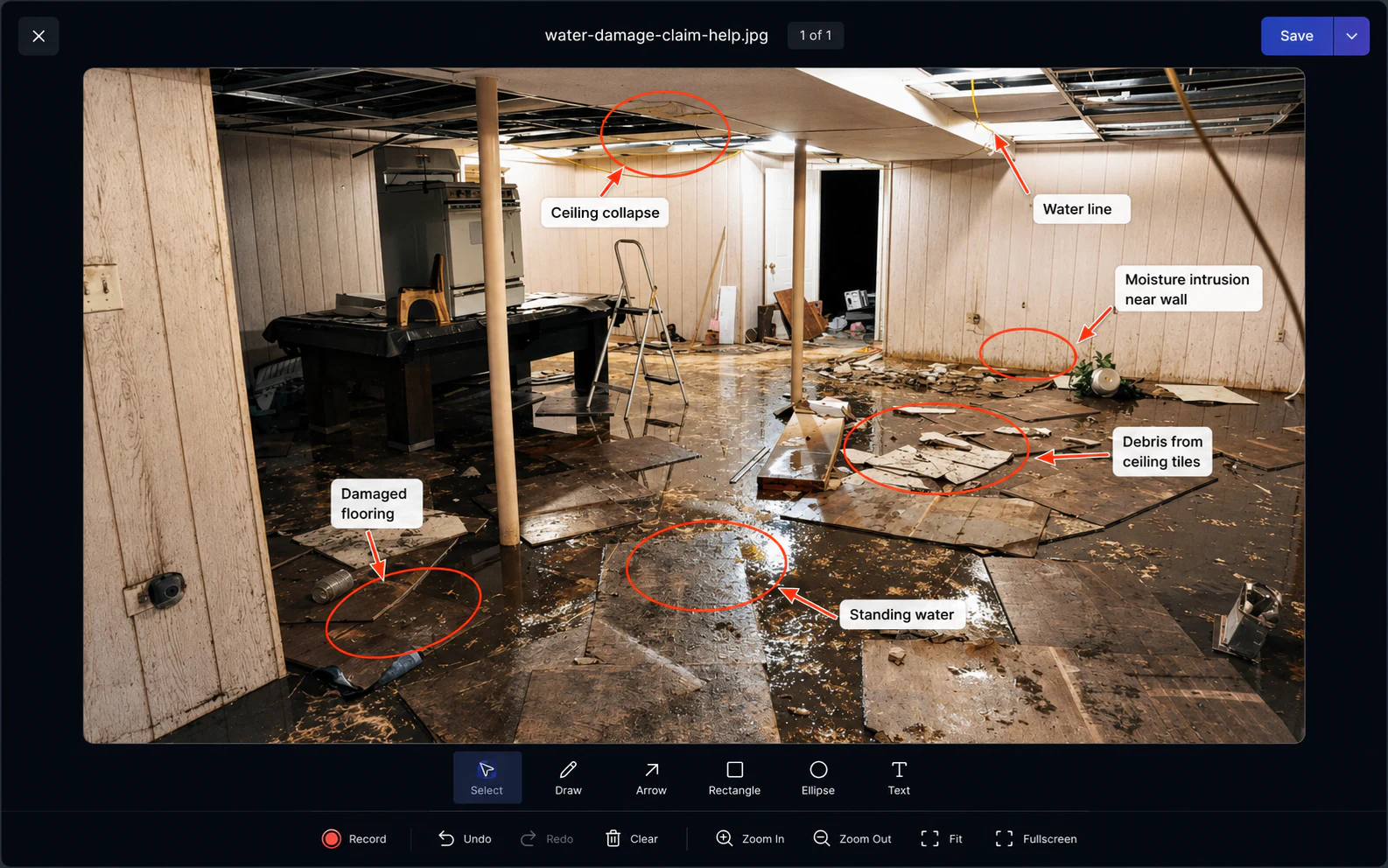 Markup editor annotating water damage, ceiling collapse, debris, and standing water
