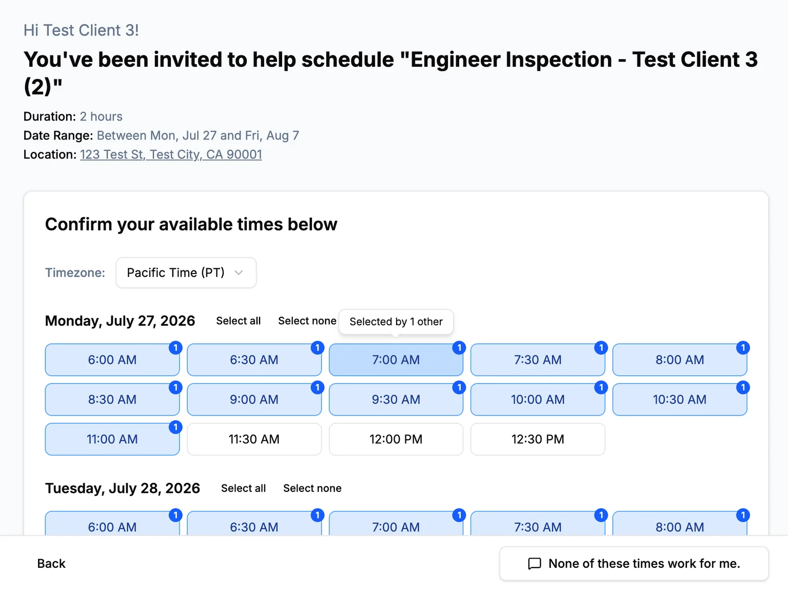 Scheduling availability page showing shared time-slot selections for an engineer inspection